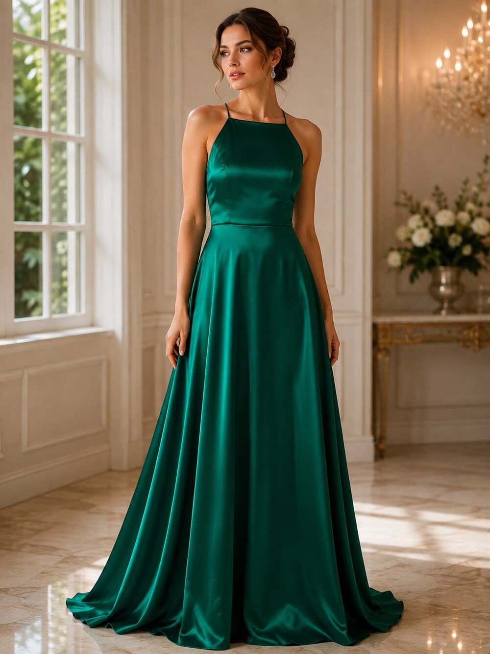 Macy's Dark Green Satin A-Line Evening Gown with Lace-Up Back size 10